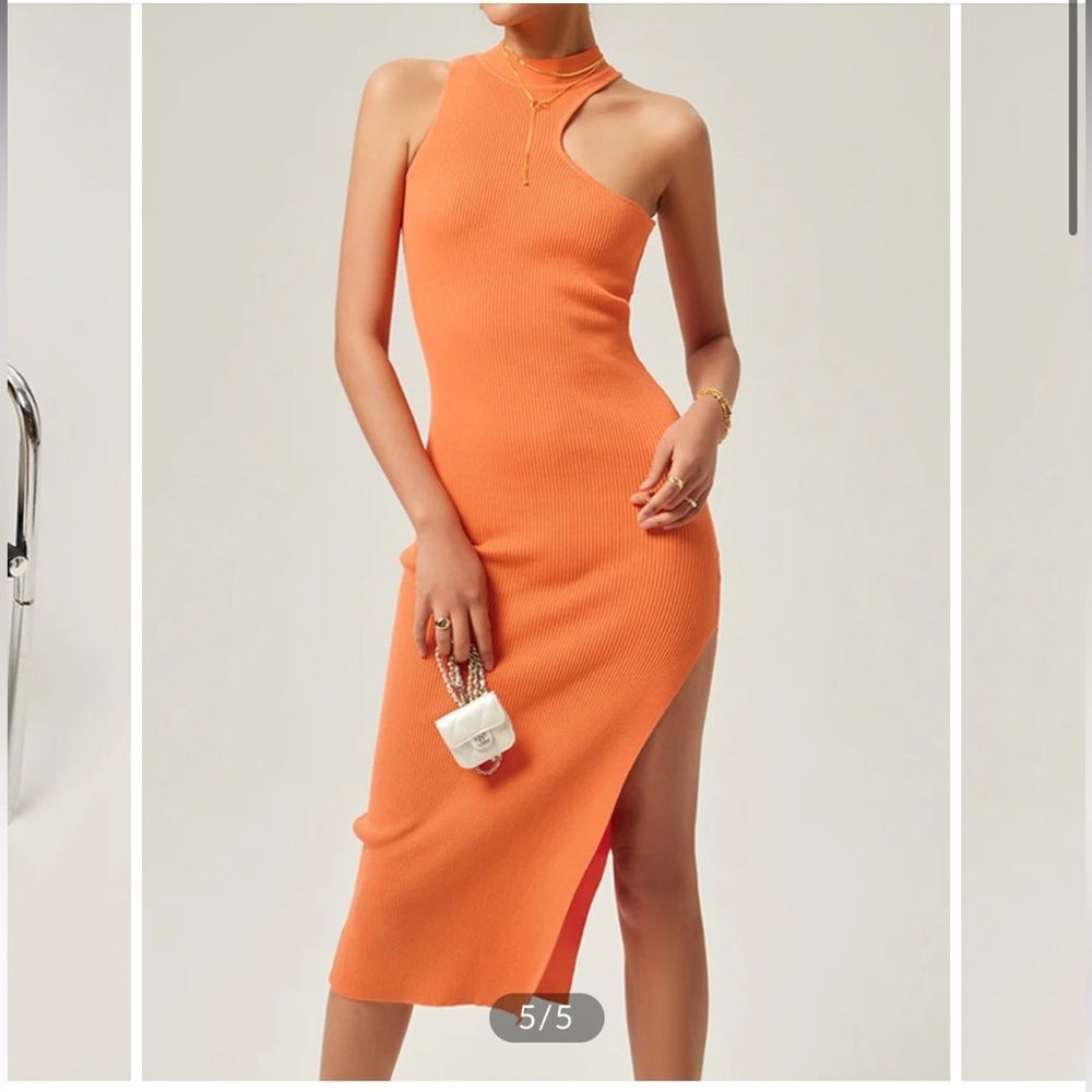 S Ribbed Mockneck Slit Midi Dress
